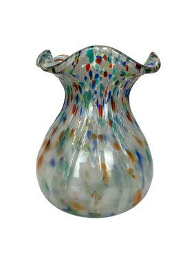 Handblown Multicolor Glass Vase With Ruffled Rim and Fluted Globe Design